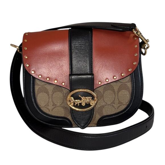 Coach Handbags - Coach Georgie Saddle Bag Terracotta Colorblock Signature Canvas Rivets Crossbody